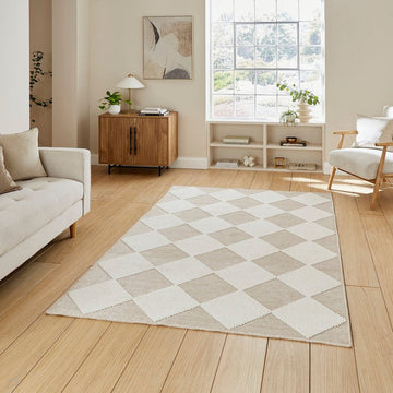 Washable Lyna J0529 Modern Harlequin Checkerboard Diamond Ribbed Soft-Touch Hi-Low Textured Polypropylene Mix Pile Cream/Beige Rug-Think Rugs-Rug Love - The Most Loved Rug Store